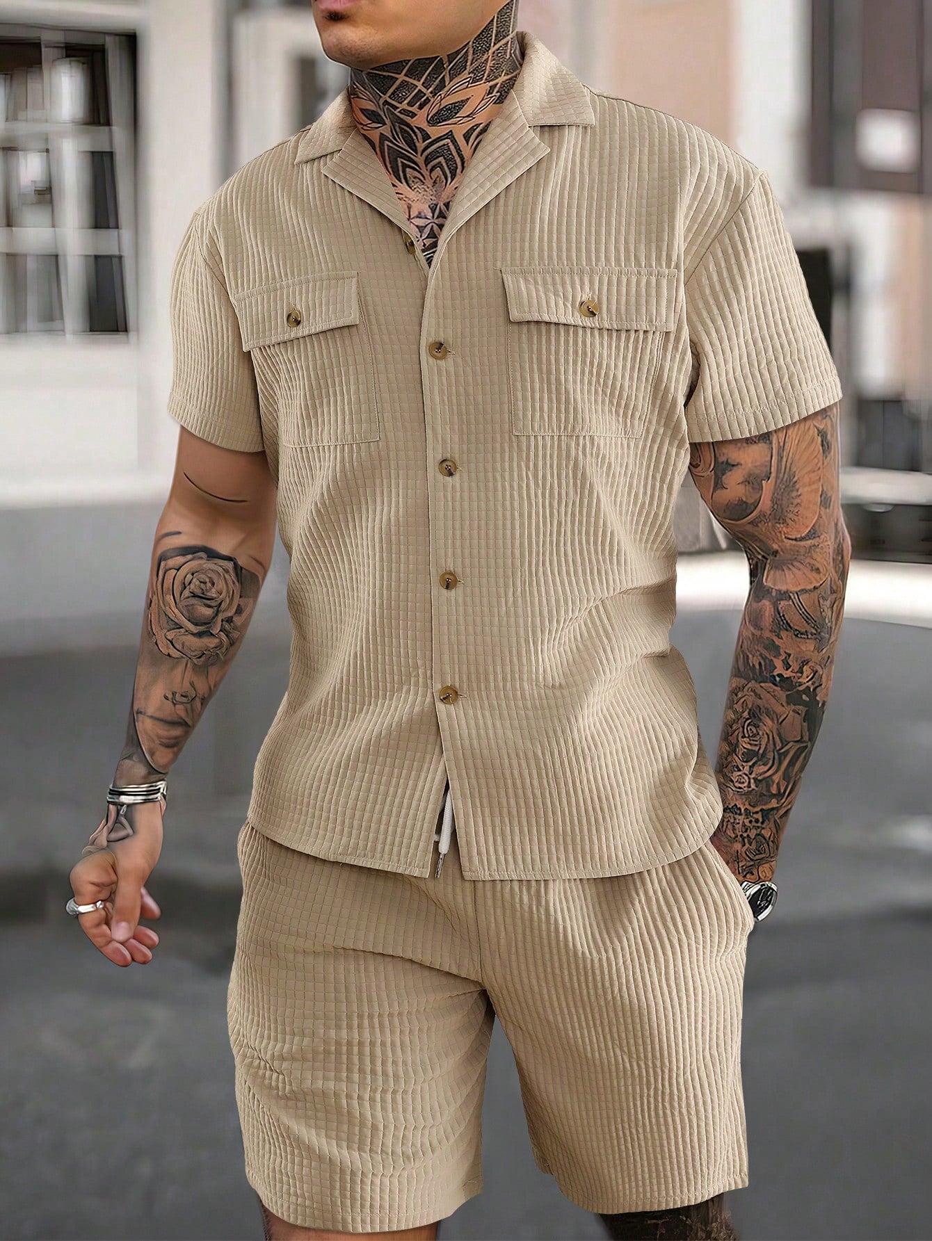 Men's Solid Color Short Sleeve Shirt And Shorts Set, Spring/Summer