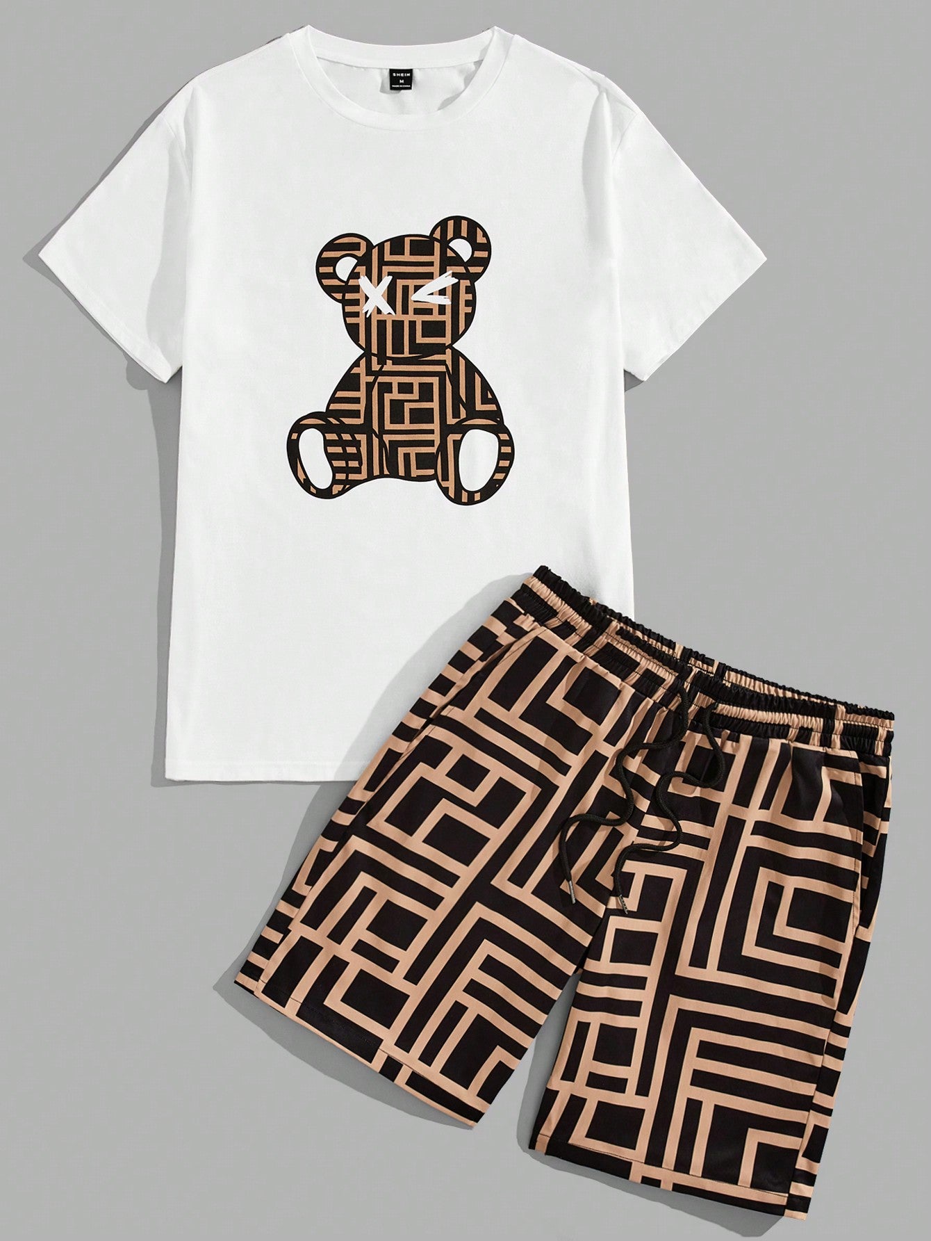 Men's Bear Printed Short Sleeve T-Shirt And Shorts Set For Summer