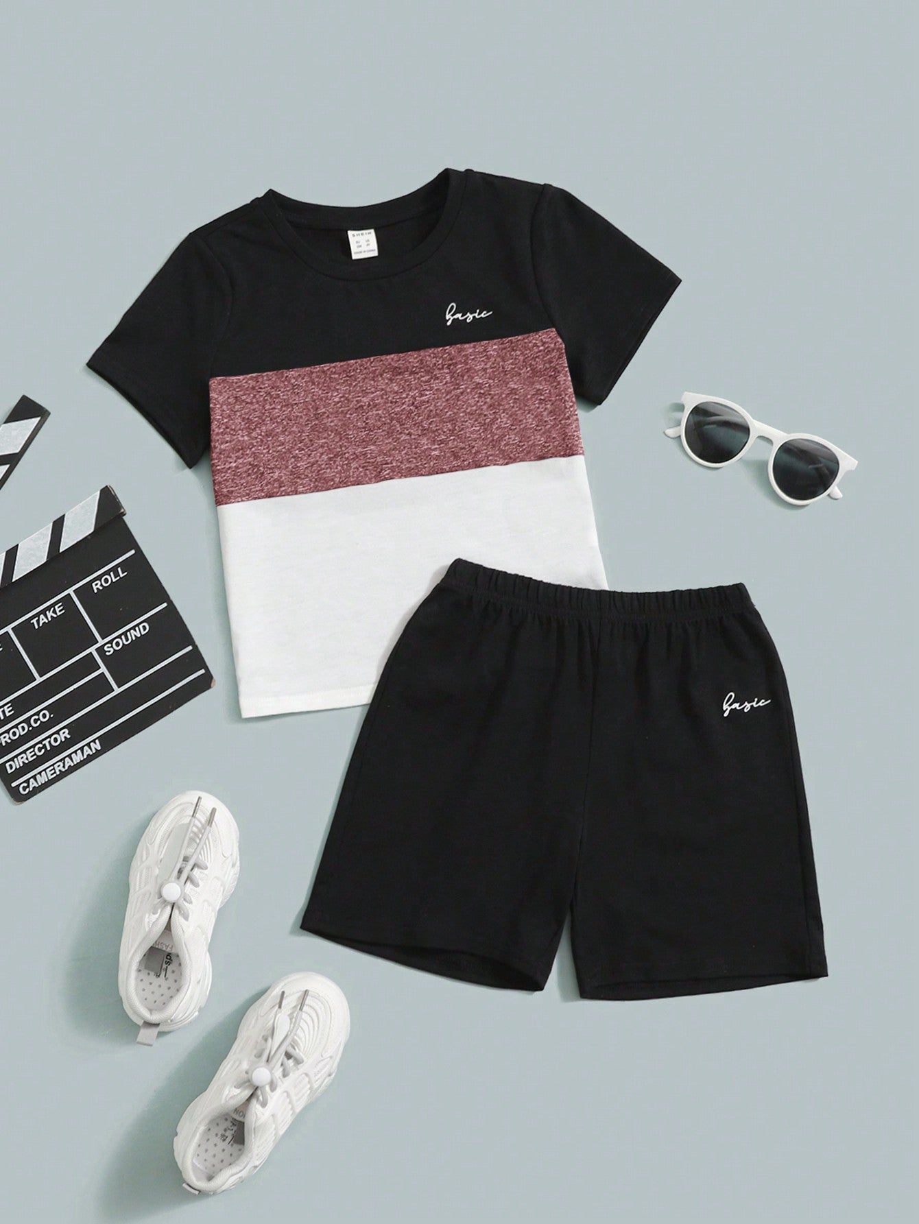 Young Boy Colorblock Letter Graphic Tee & Shorts