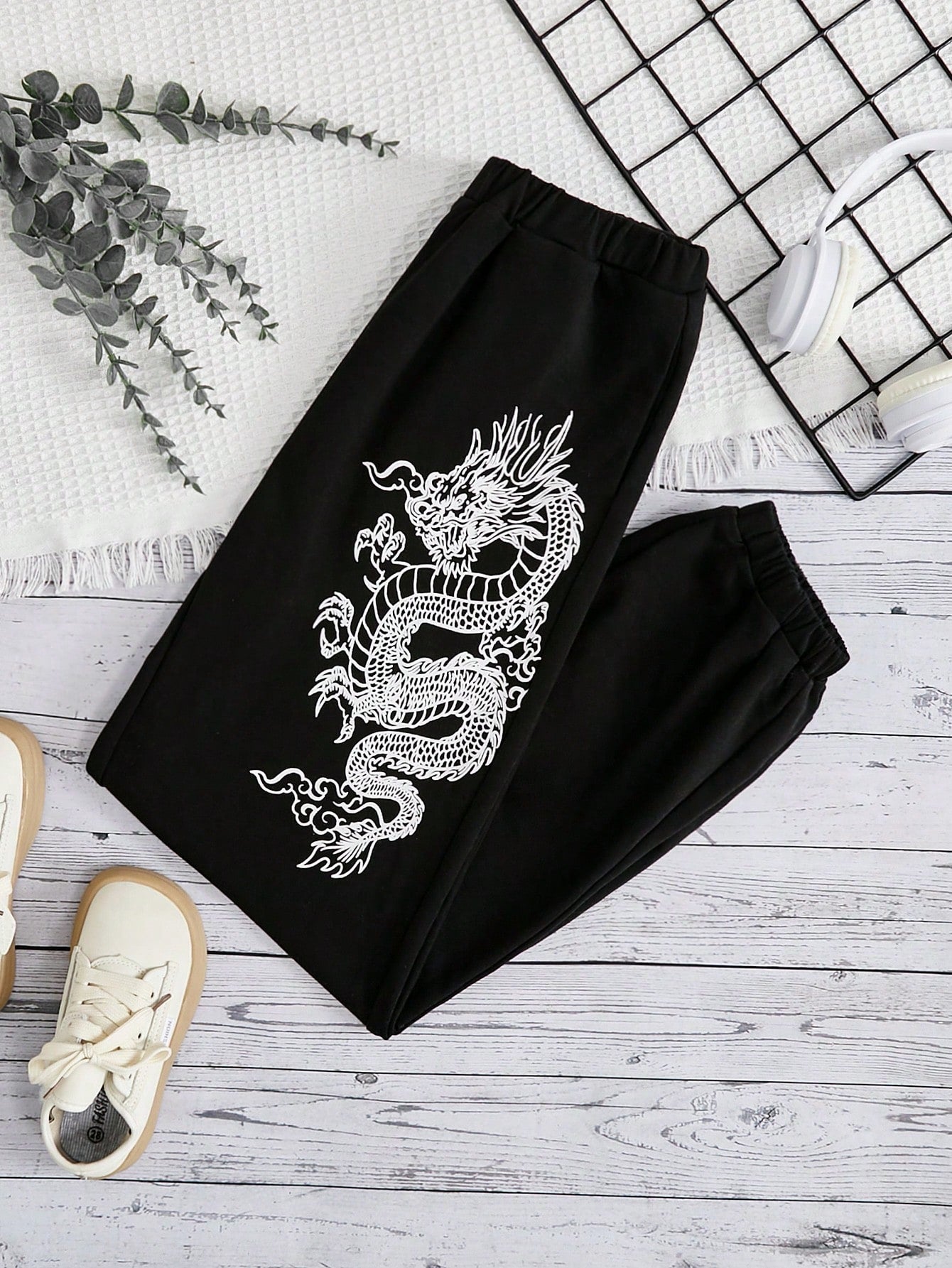 Girls' Knitted Casual Jogger Pants With Chinese Dragon Pattern And Elastic Cuff