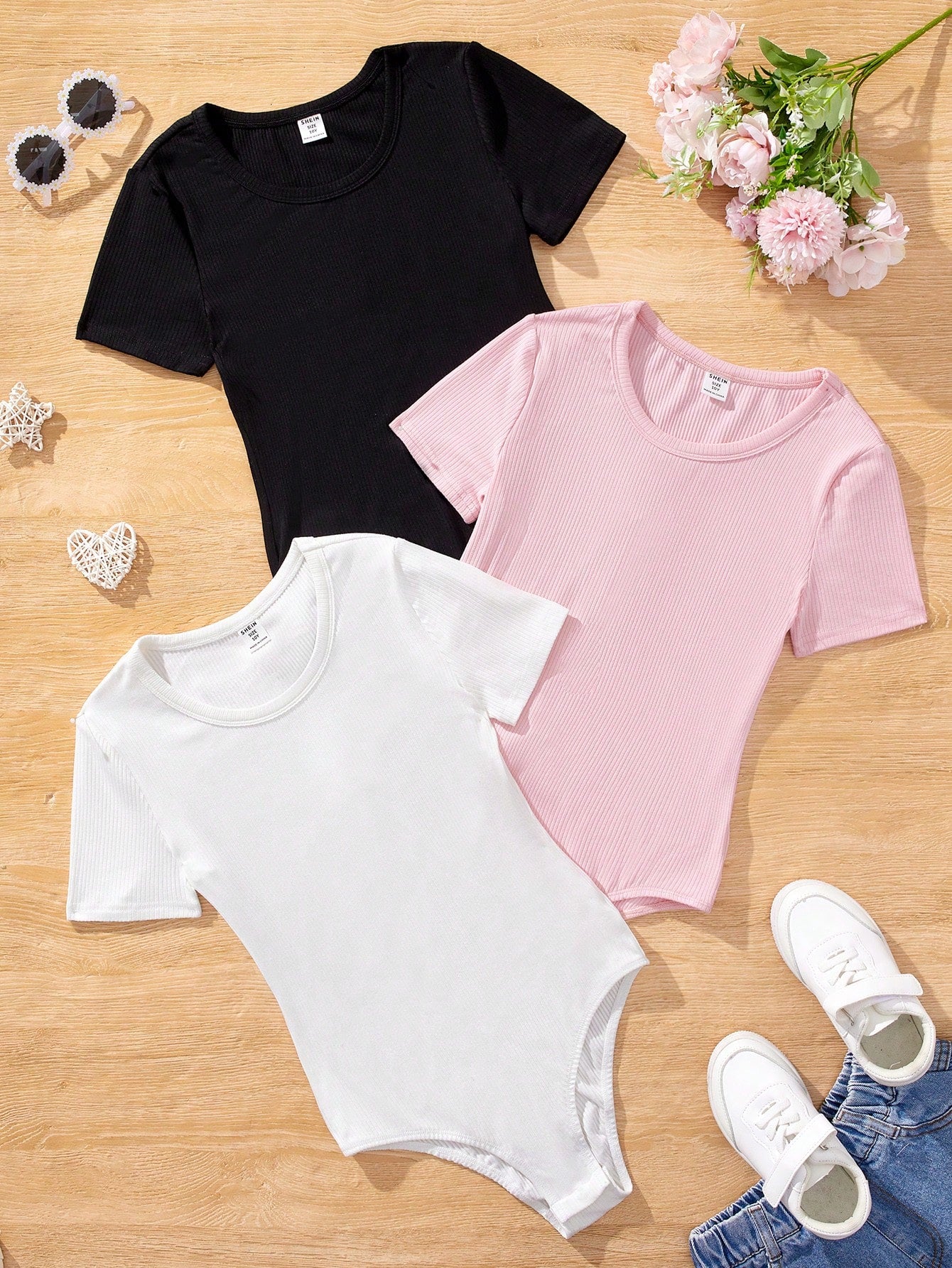 Tween Girl Knitted Solid Color Bodysuit With Round Neck, 3pcs/Set Casual Outfit