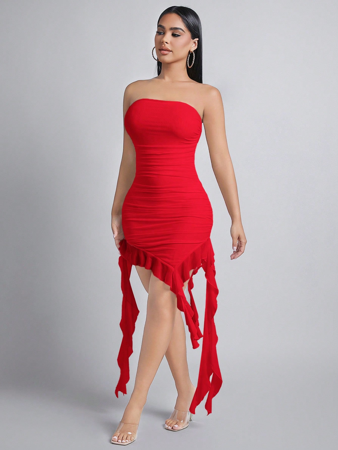 Ruched Ruffle Trim Asymmetrical Hem Tube Bodycon Dress