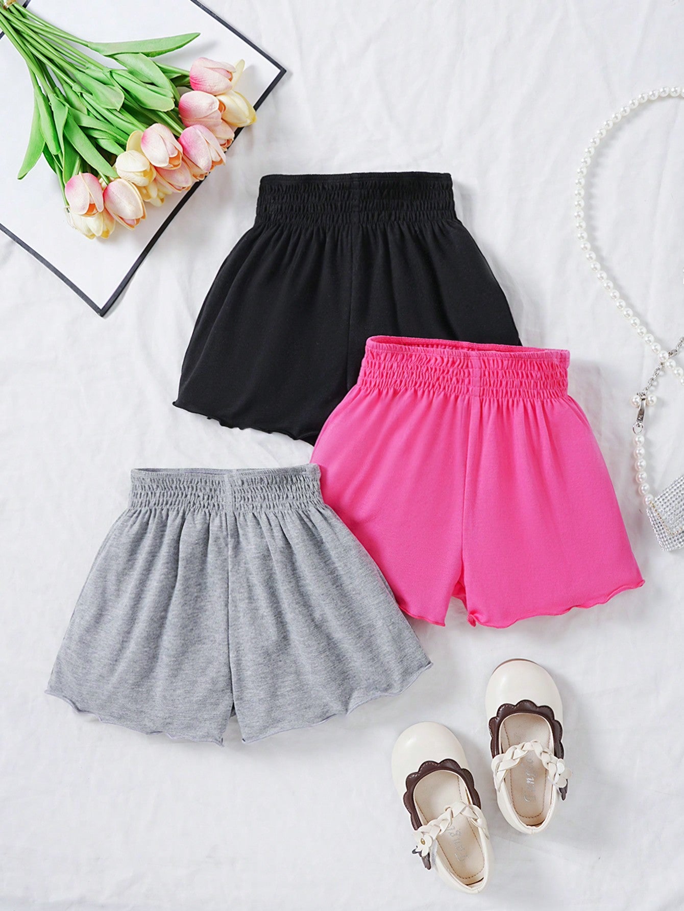 Young Girl Toddler Girls' 3pcs/Set Knitted Solid Loose Fit Casual Shorts Outfit