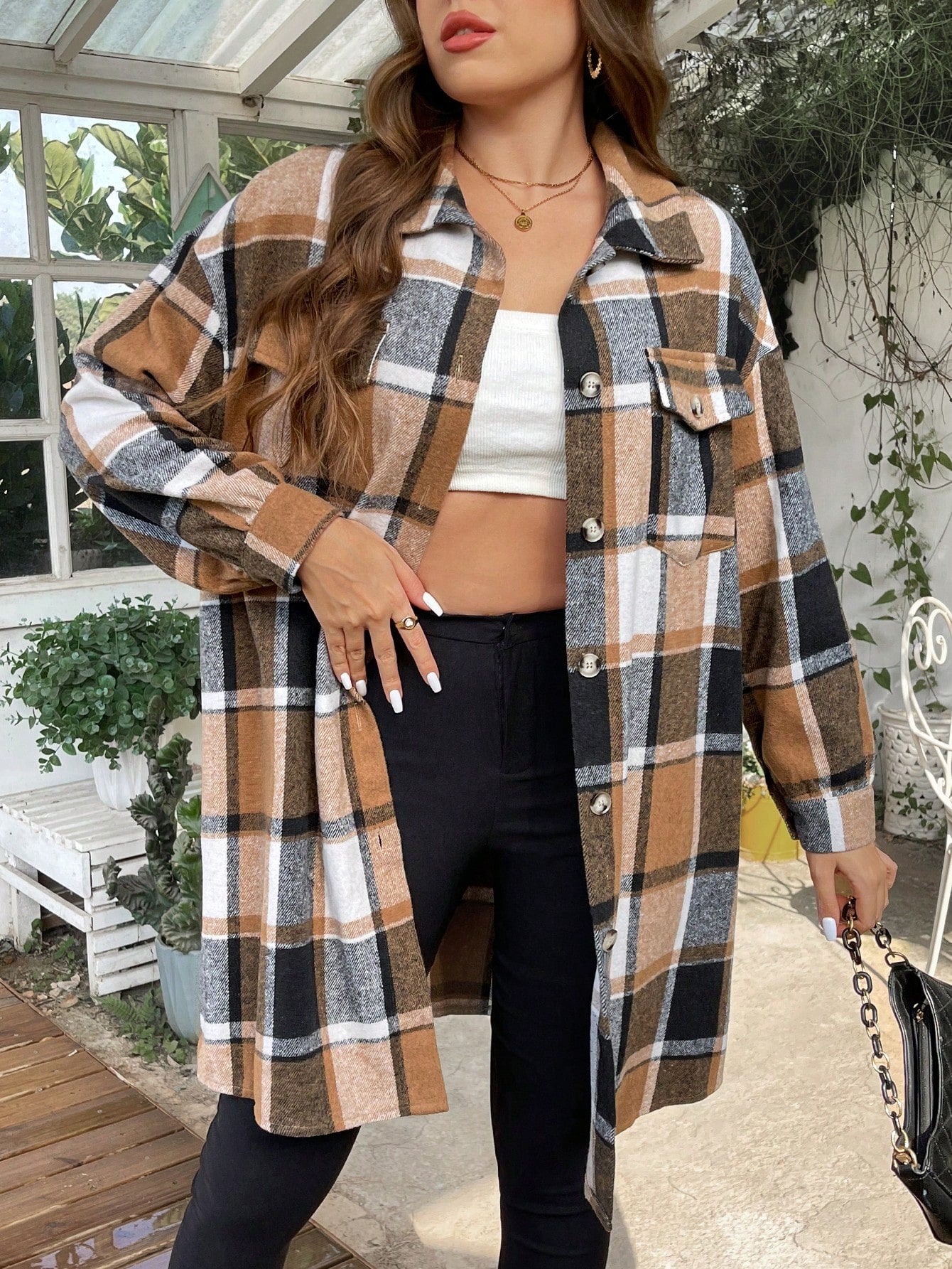 Plus Plaid Print Drop Shoulder Coat