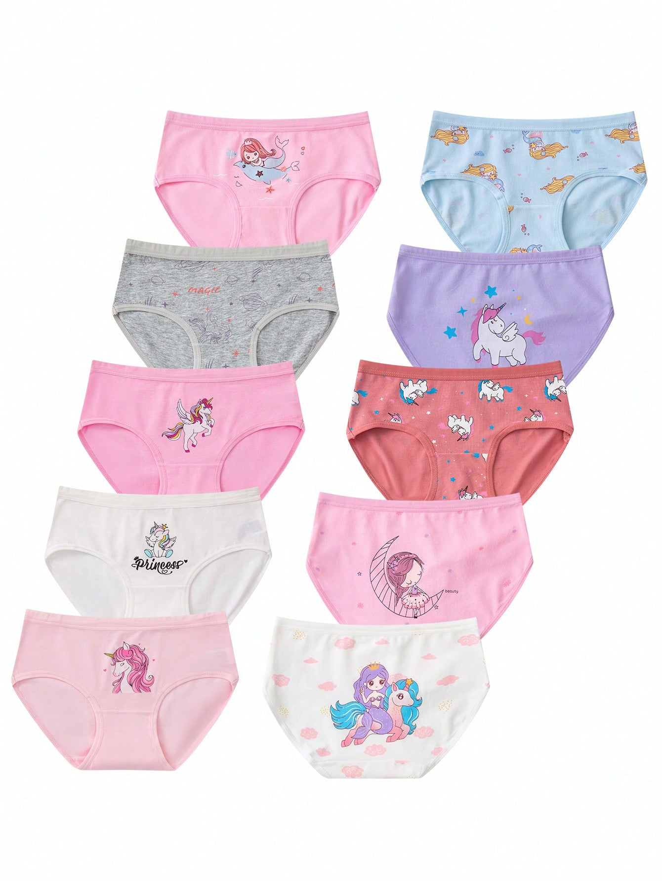 10pcs Young Girl Underwear Set Printed With Letter & Unicorn Pattern