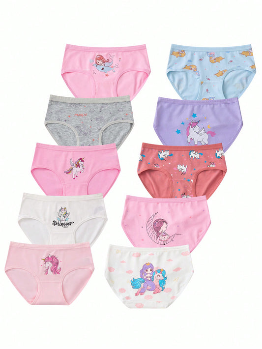 10pcs Young Girl Underwear Set Printed With Letter & Unicorn Pattern