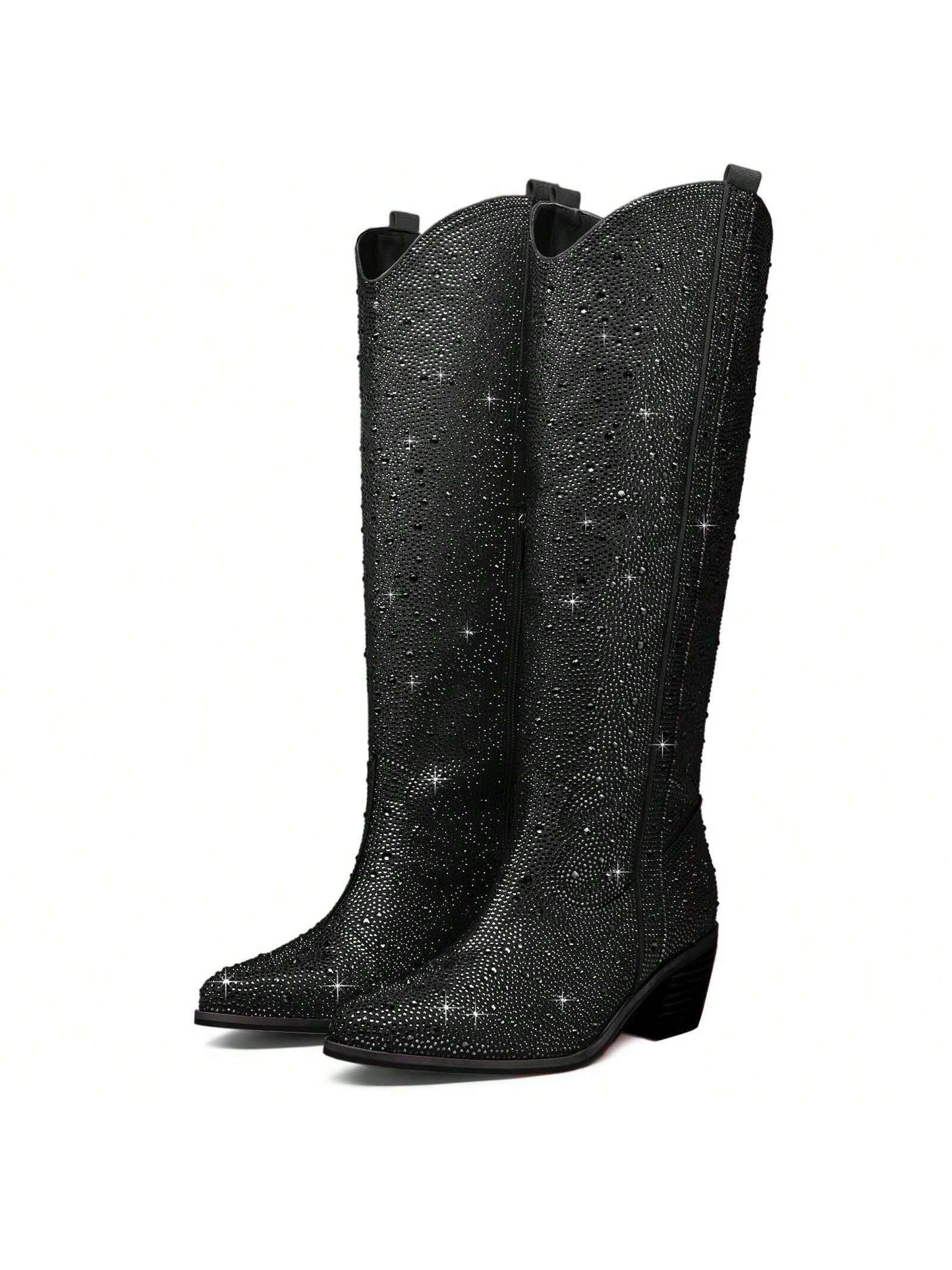 Women's Rhinestone Knee High Cowboy Boots Pointed Toe Low Chunky Stacked Heel Glitter Fashion Boots