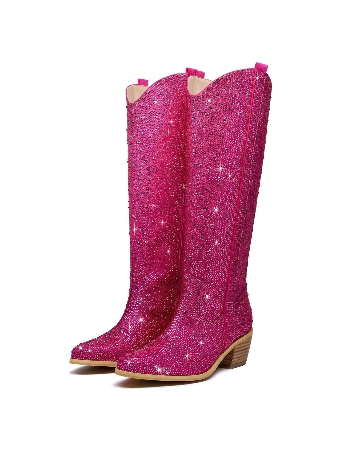 Women's Rhinestone Knee High Cowboy Boots Pointed Toe Low Chunky Stacked Heel Glitter Fashion Boots