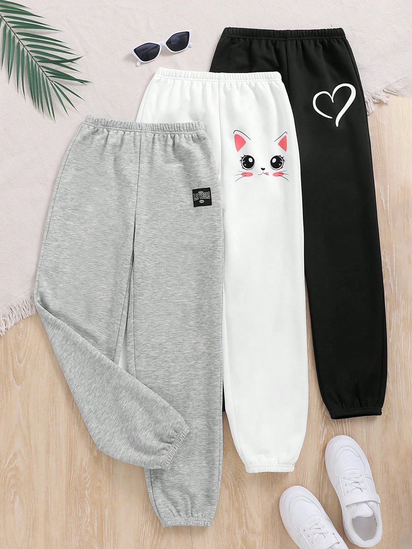 3pcs/Set Tween Girls' Sports Streetwear Knitted Drawstring Jogger Pants