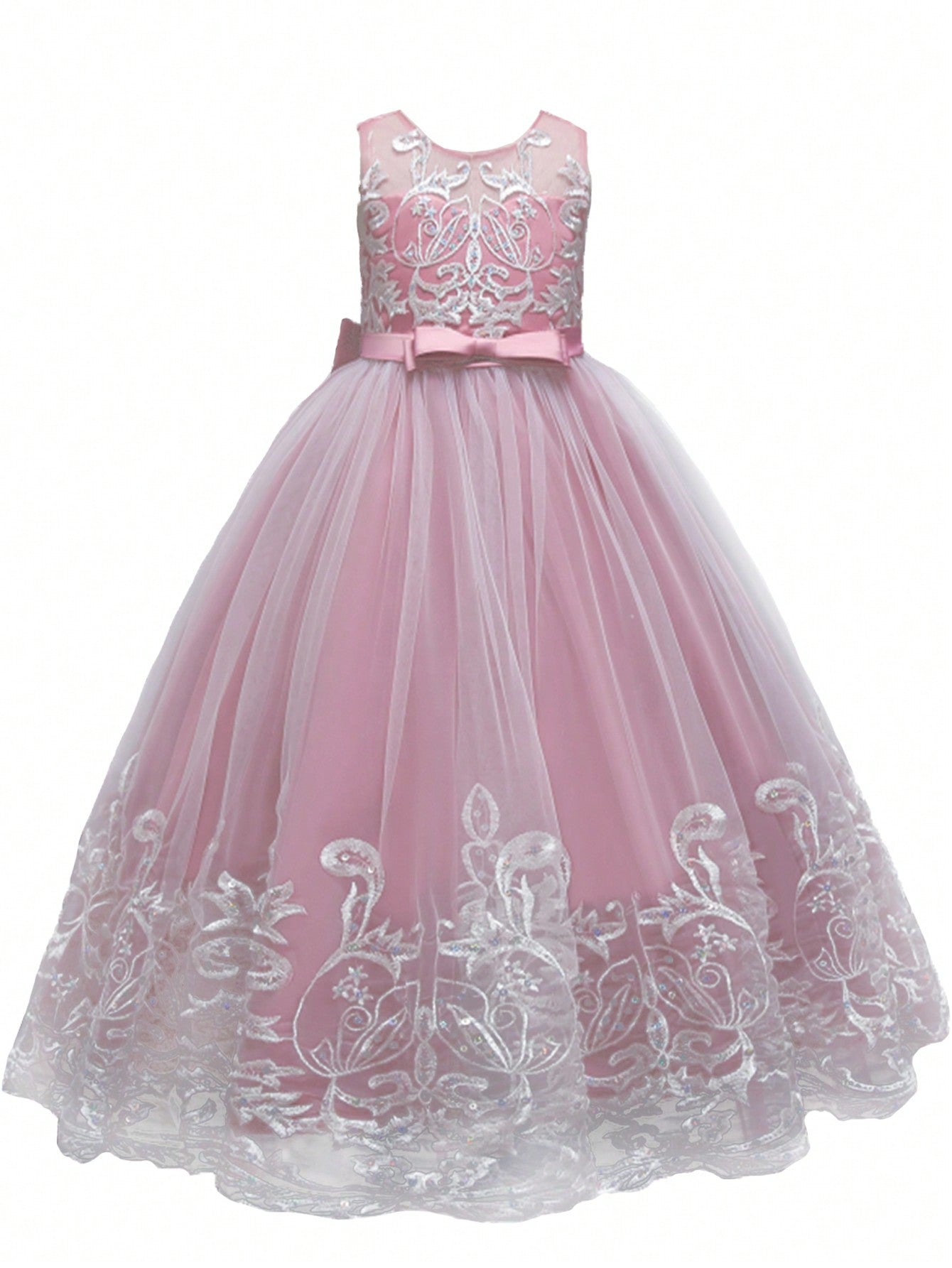 Young Girls Embroidery Mesh Overlay Bow Front Gown Dress