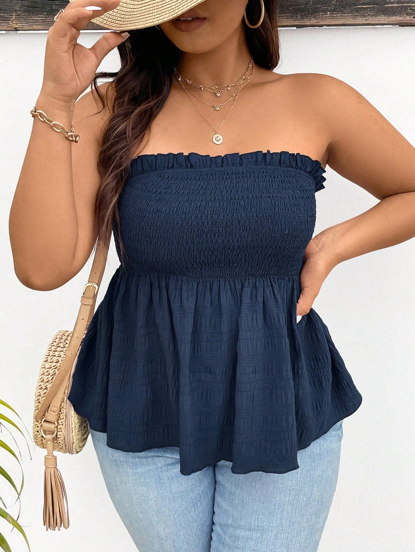 Frenchy Plus Size Solid Color Shirred Bodice Strapless Top