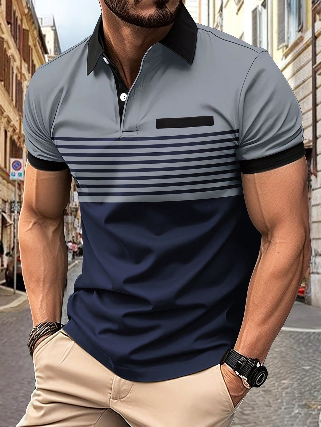 Men's Color Block Striped Polo Shirt