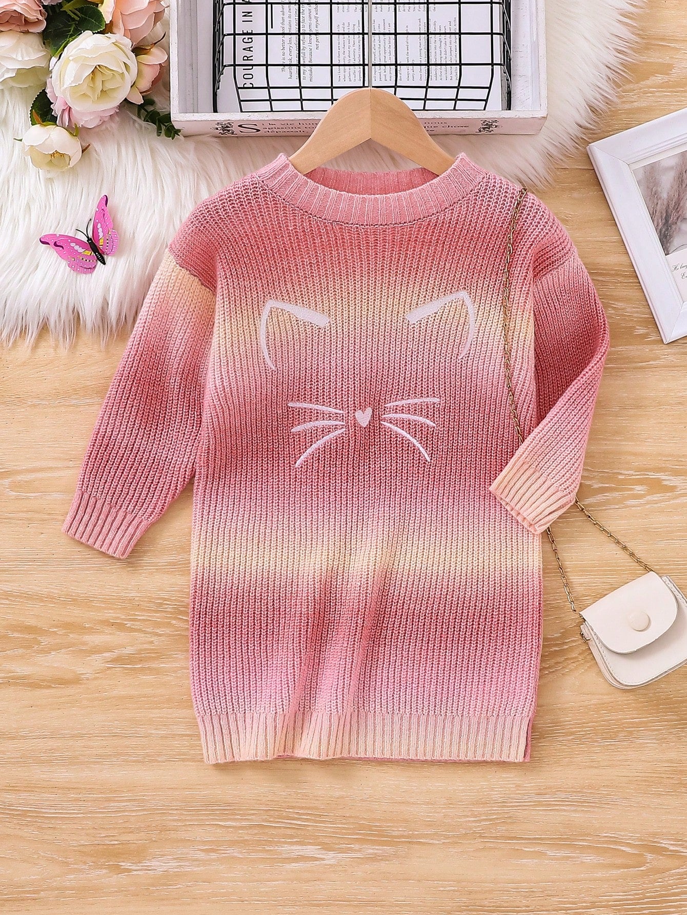 Young Girl Ombre & Cartoon Pattern Drop Shoulder Sweater Dress