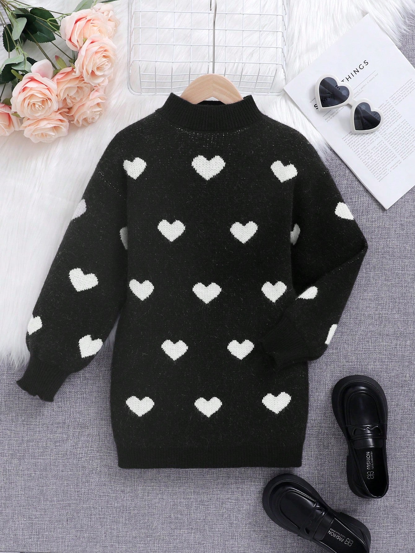 Tween Girl Heart Pattern Mock Neck Lantern Sleeve Sweater Dress Without Belt