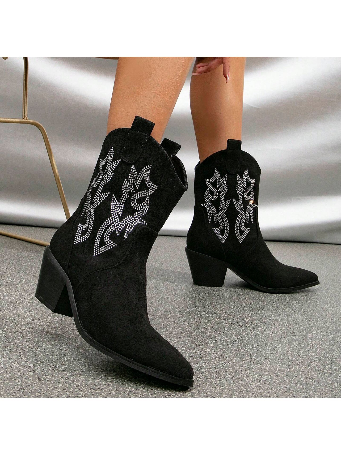 Women'S Rhinestone Ankle Boots Chunky Heels Western Cowboy Pointed Toe Wide Mid Calf Boots Winter Shoes