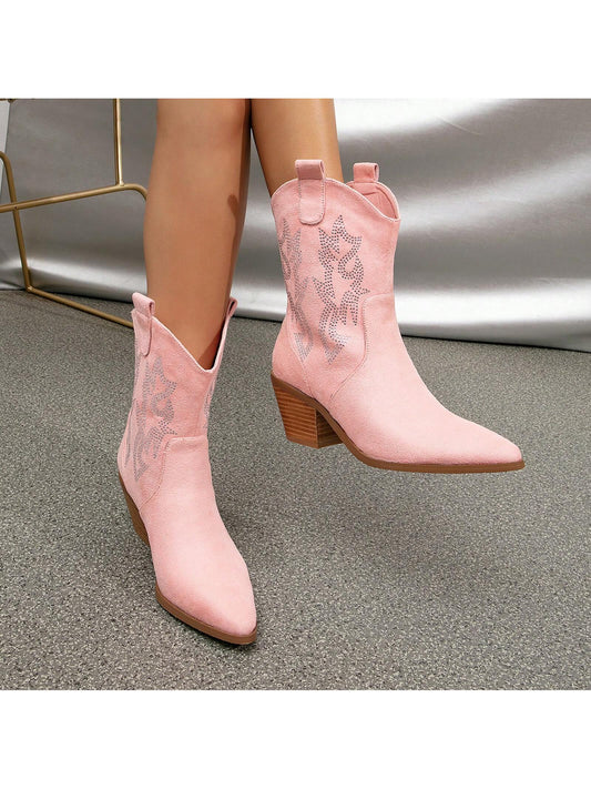 Women'S Rhinestone Ankle Boots Chunky Heels Western Cowboy Pointed Toe Wide Mid Calf Boots Winter Shoes