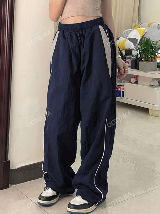 Drawstring Waist Contrast Color Rolled Hem Pants