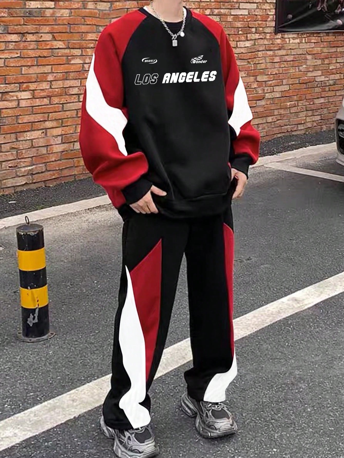 Men's Plus Size Letter Print Contrast Color Raglan Long Sleeve Sweatshirt And Sports Pants Set