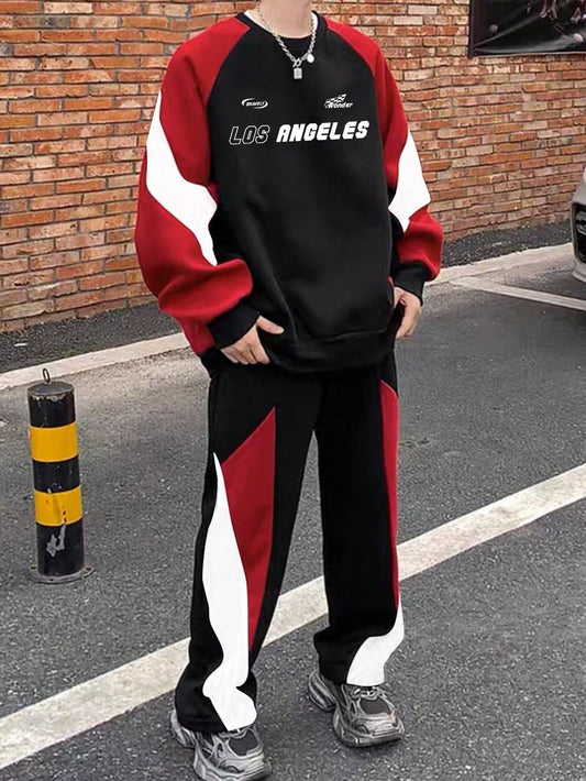 Men's Plus Size Letter Print Contrast Color Raglan Long Sleeve Sweatshirt And Sports Pants Set