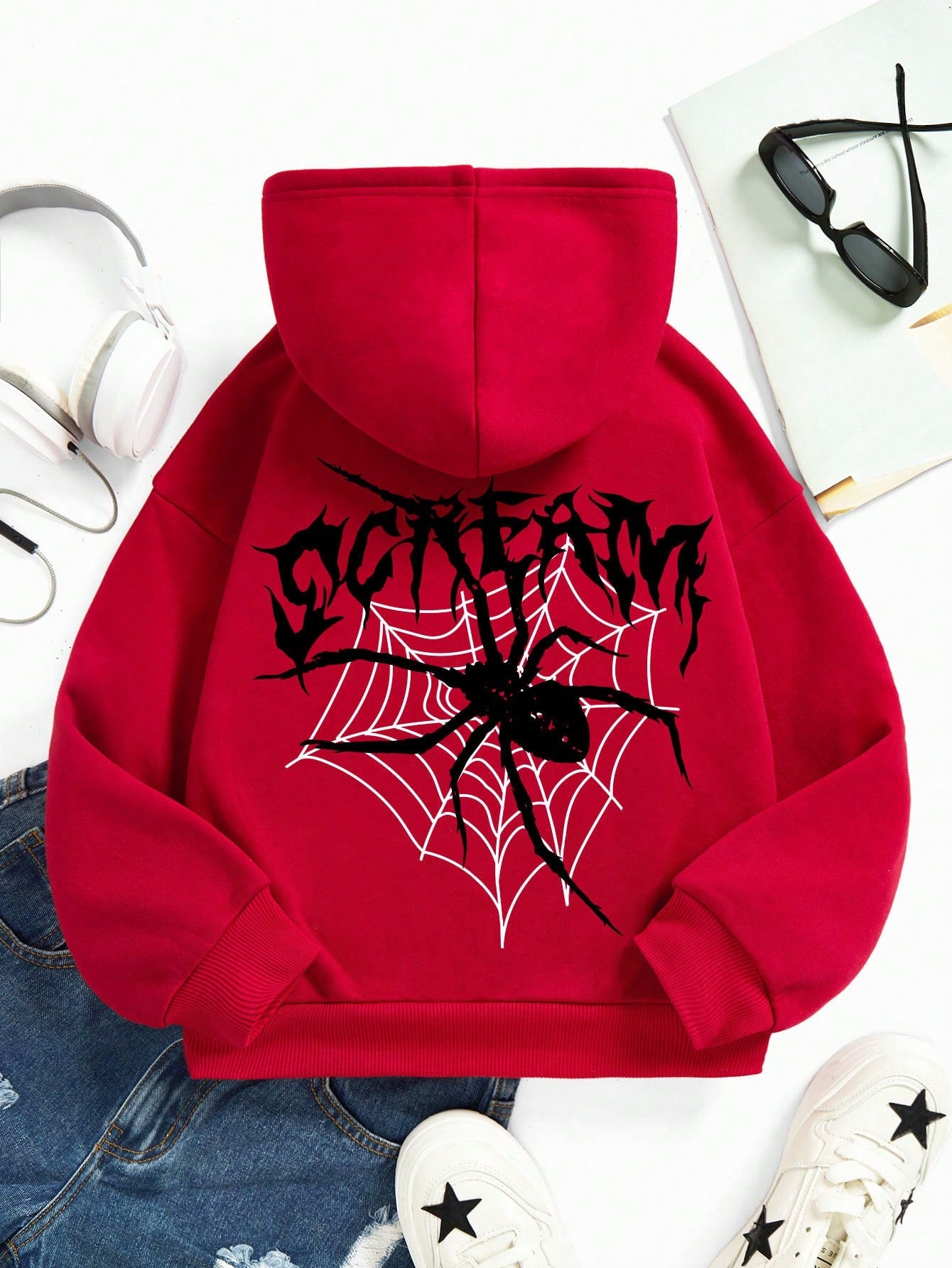 Tween Girls' Casual Simple Spider Pattern Long Sleeve Hoodie, Suitable For Autumn And Winter