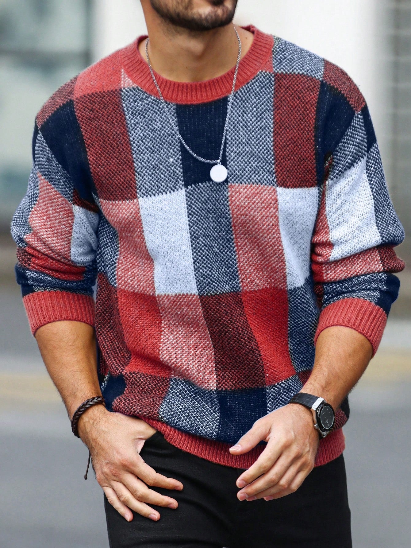 Men's Round Neck Plaid Sweater