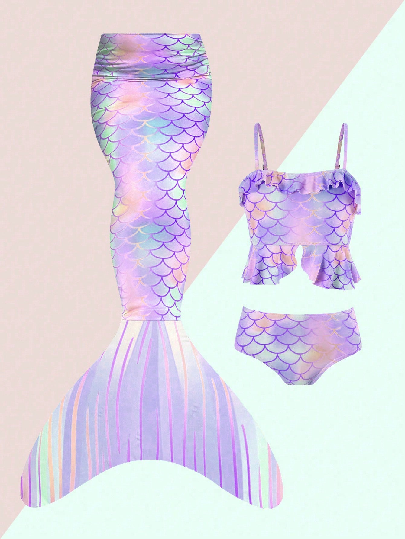 Young Girl Mermaid Scale Printed Swimsuit Set