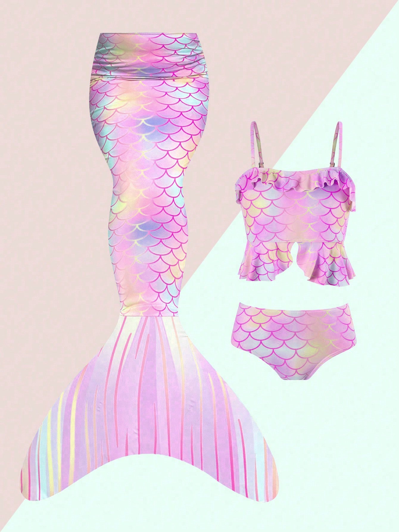 Young Girl Mermaid Scale Printed Swimsuit Set