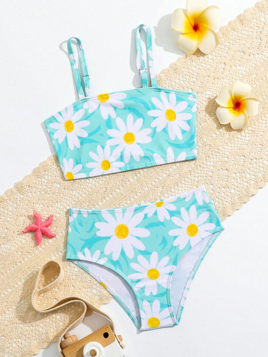 Young Girl Daisy Print Bikini Set Summer Beach