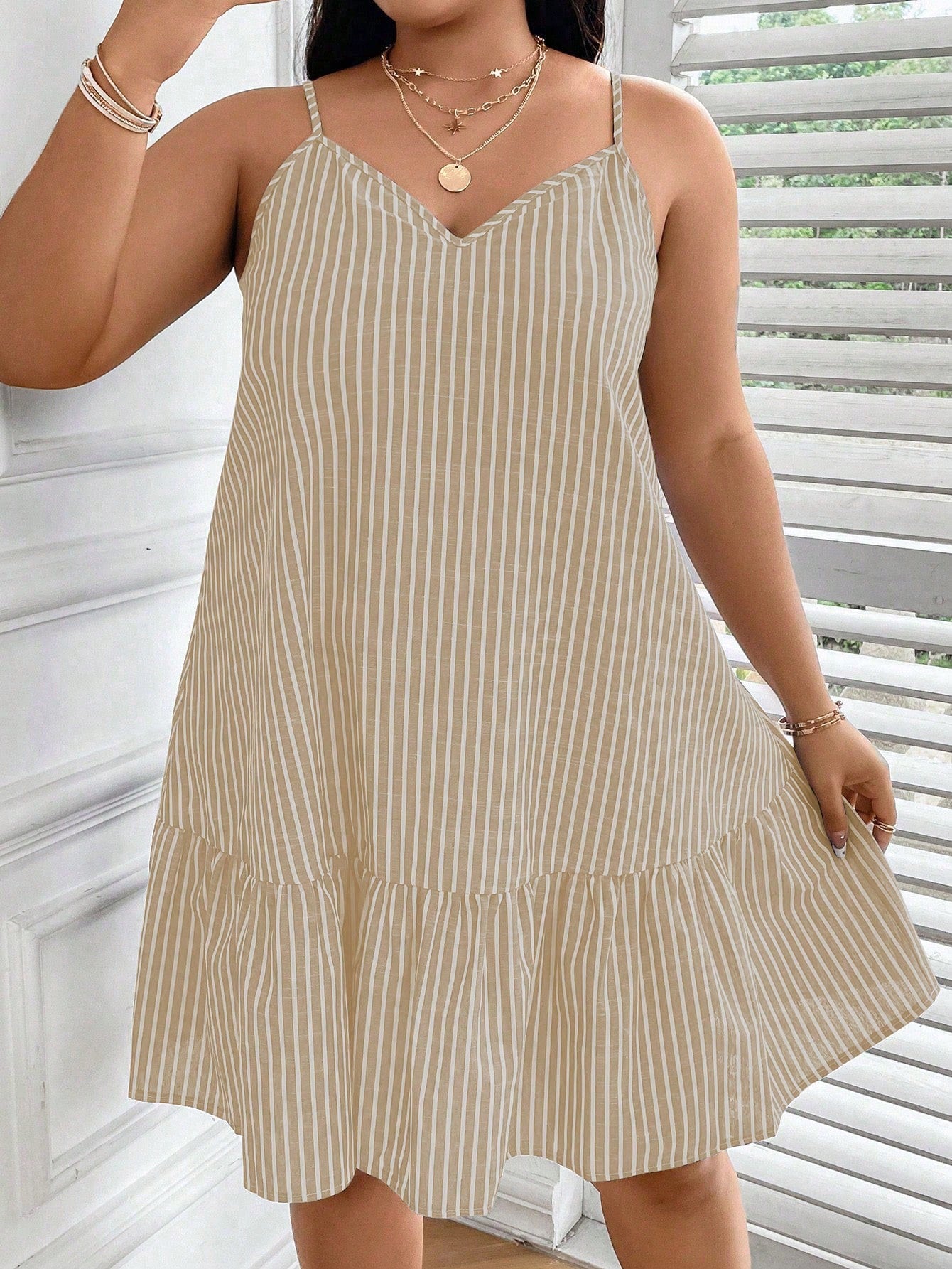 Plus Striped Print Ruffle Hem Cami Dress