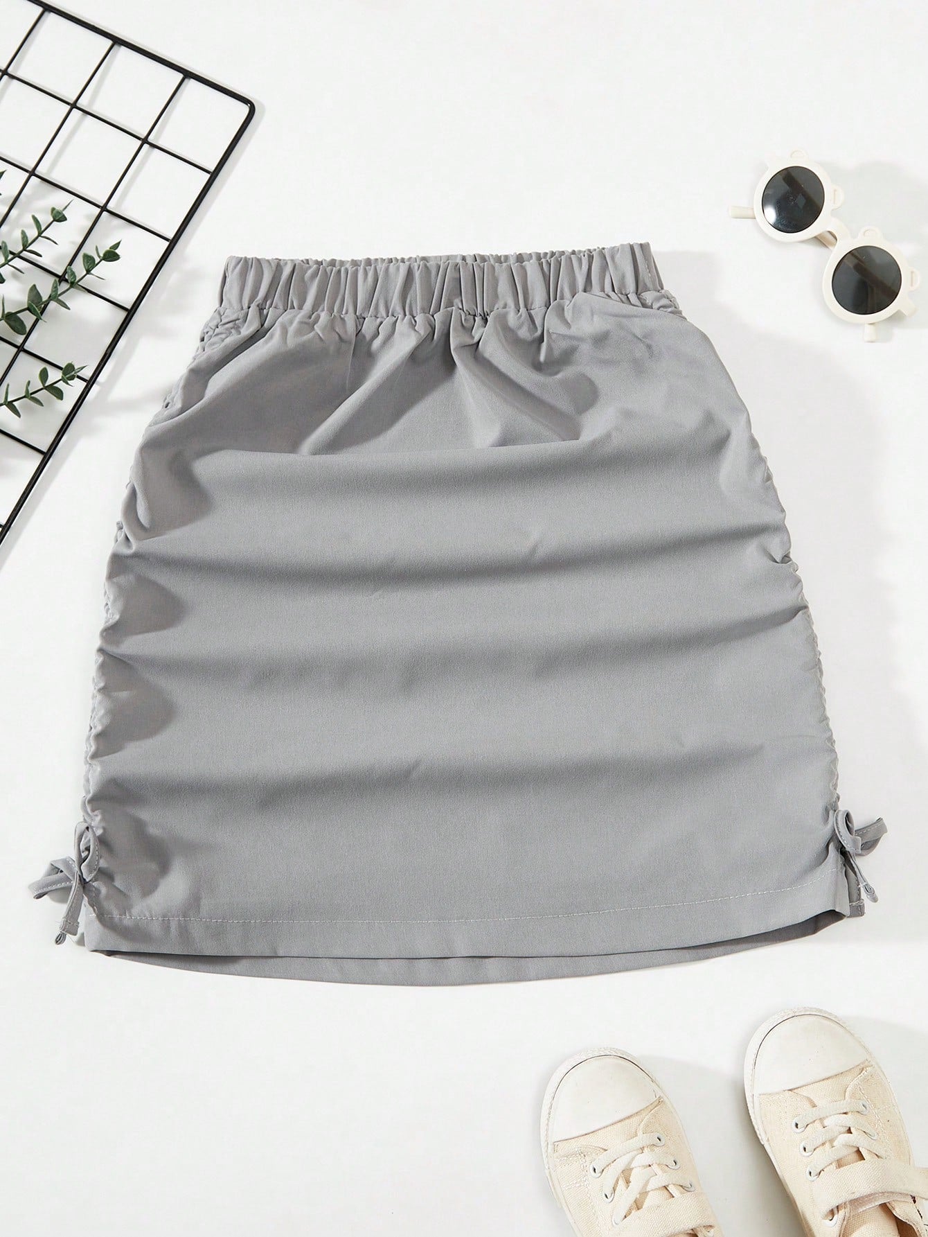 Tween Girl Solid Color Elastic Waist Pleated Skirt With Drawstring Side Detail For Summer