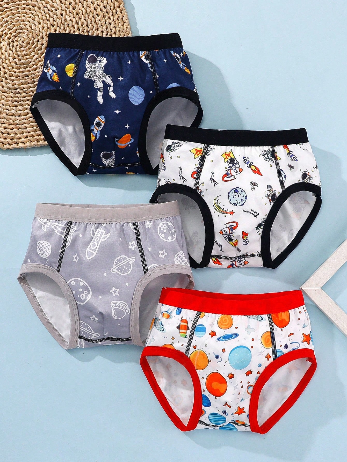 Young Boy's Astronaut Colorful Cartoon Clash Color Printed Underwear, Multi-Pack