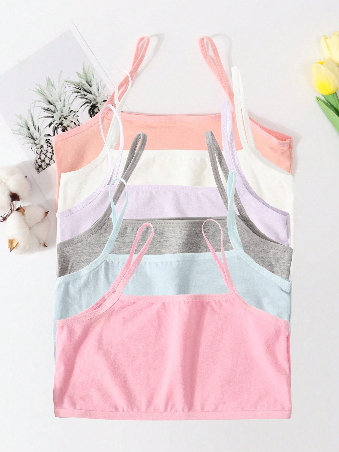 6pcs Macaron Color Short Style Solid Color Vest For Young Girls, All Seasons