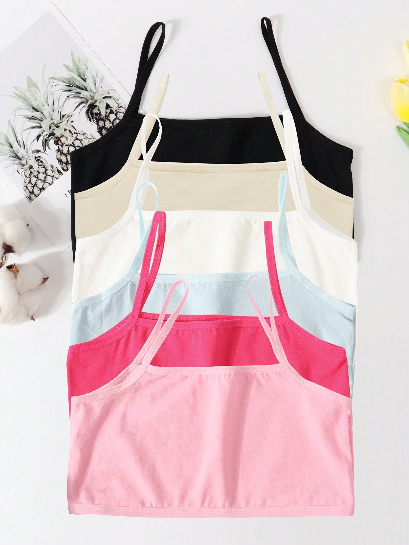 6pcs Macaron Color Short Style Solid Color Vest For Young Girls, All Seasons