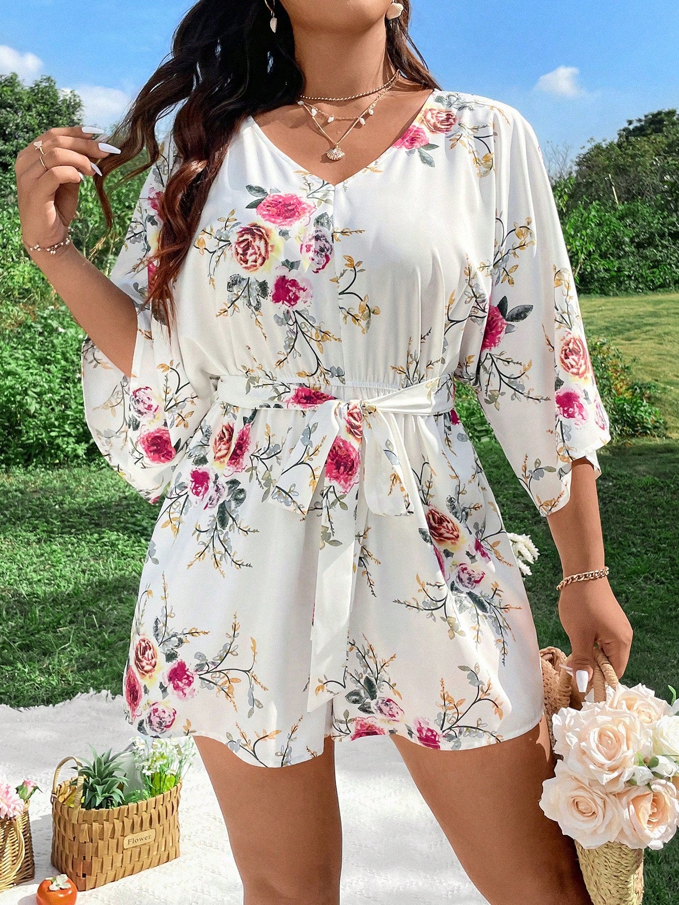 Plus Tropical Print Batwing Sleeve Belted Romper