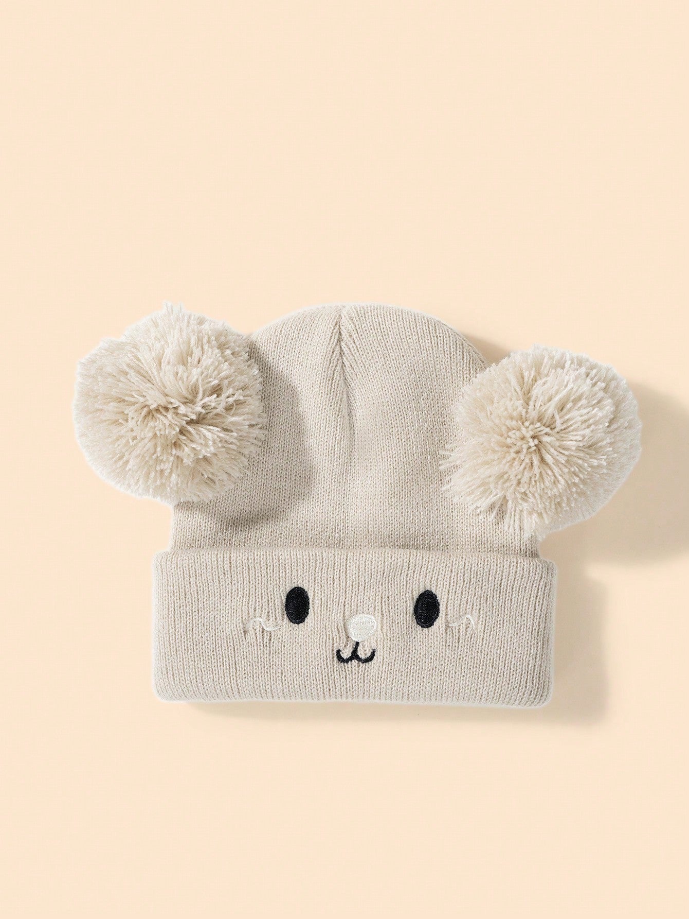 1pc White Color Y2k Style Knitted Hat With Pom Pom & Bear Ear Design, Ideal For Outdoor Sports And Daily, Warm Winter Beanie For Baby Boys And Girls