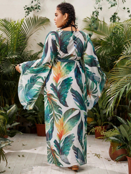 Swim Vcay Summer Beach Plus Size Botanical Print Kimono With Flare Sleeves, Belted Waist