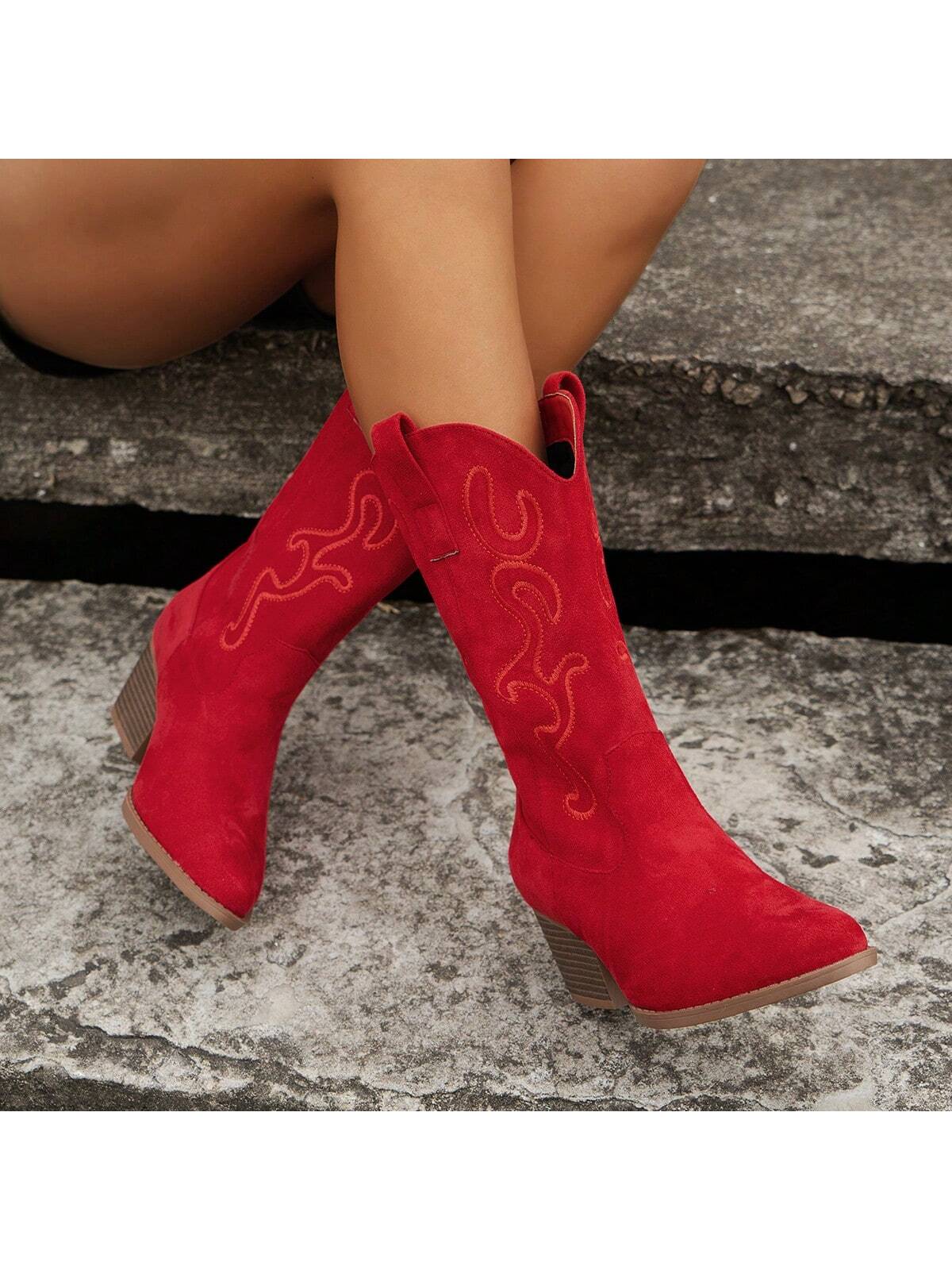 Ladies Fashionable Embroidered Wedge Heel Slip-On Mid-Calf Western Boots