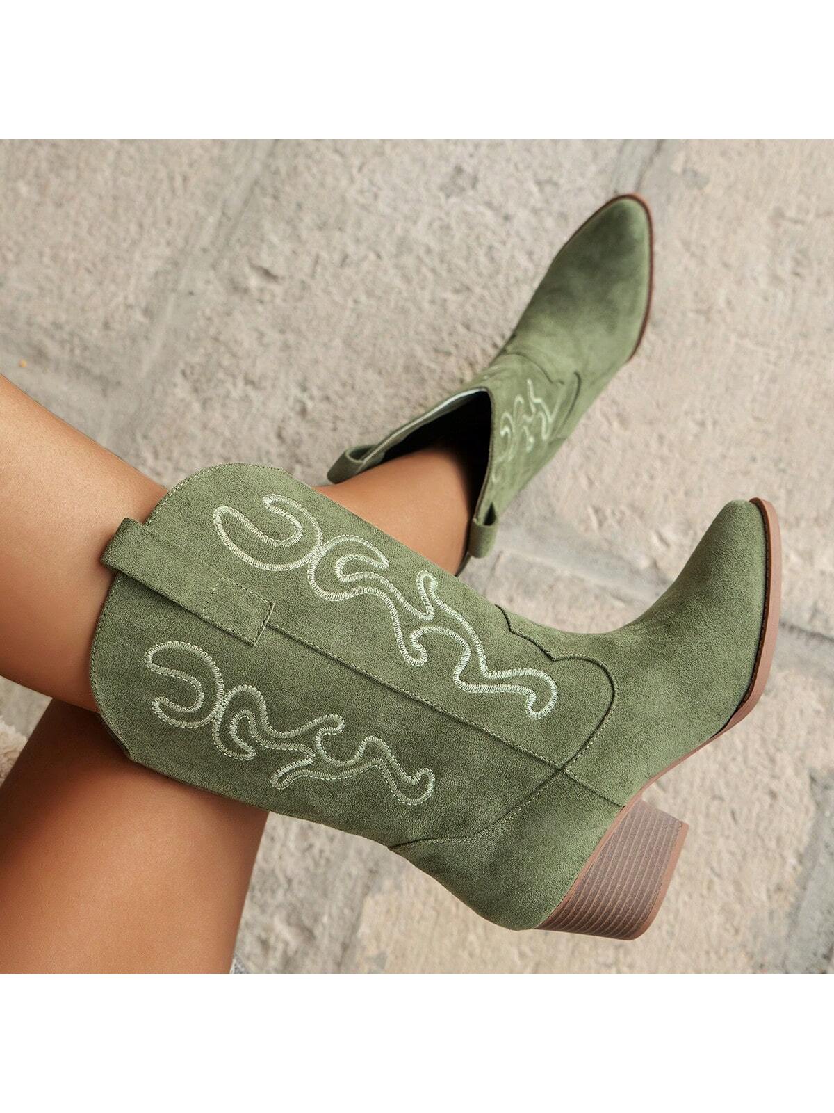 Ladies Fashionable Embroidered Wedge Heel Slip-On Mid-Calf Western Boots