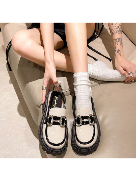 Women's Chunky Loafers, British Style Slip-On Leather Flat Shoes