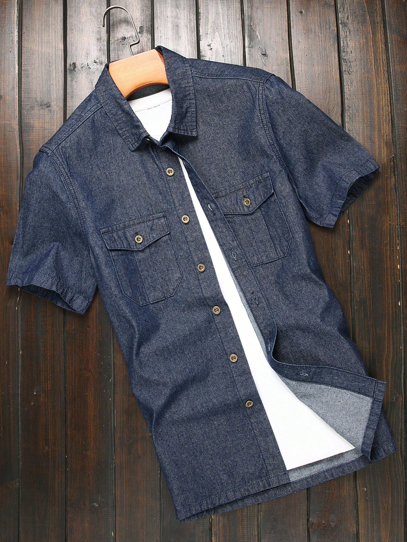 Men's Short Sleeve Denim Shirt , Jean Button Up Cotton Plain Dark Blue Office Vintage Friends