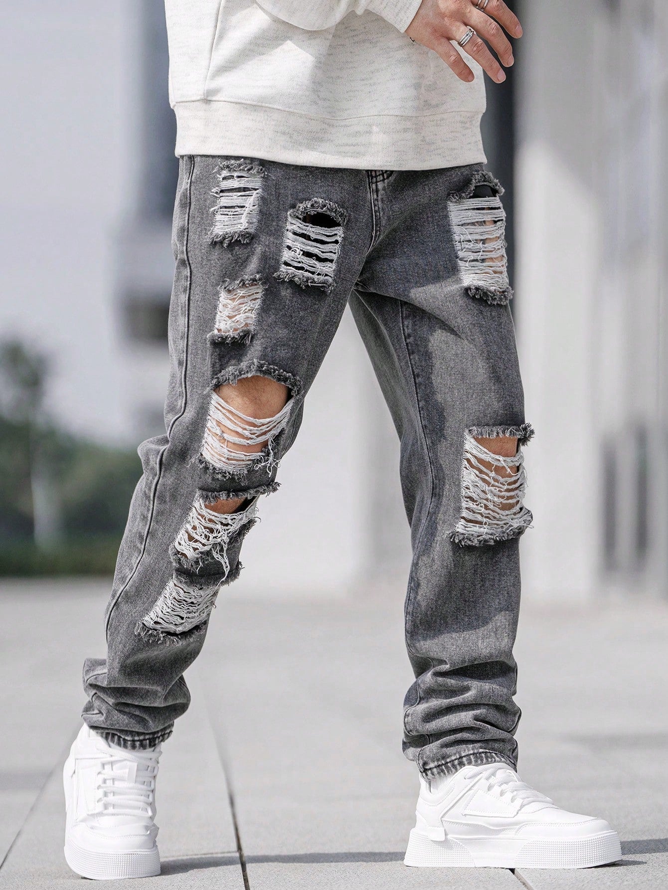 Men Cotton Ripped Frayed Cut Out Jeans Straight Leg Long Light Jean Cargo Plain Blue Party Street Wear Friends