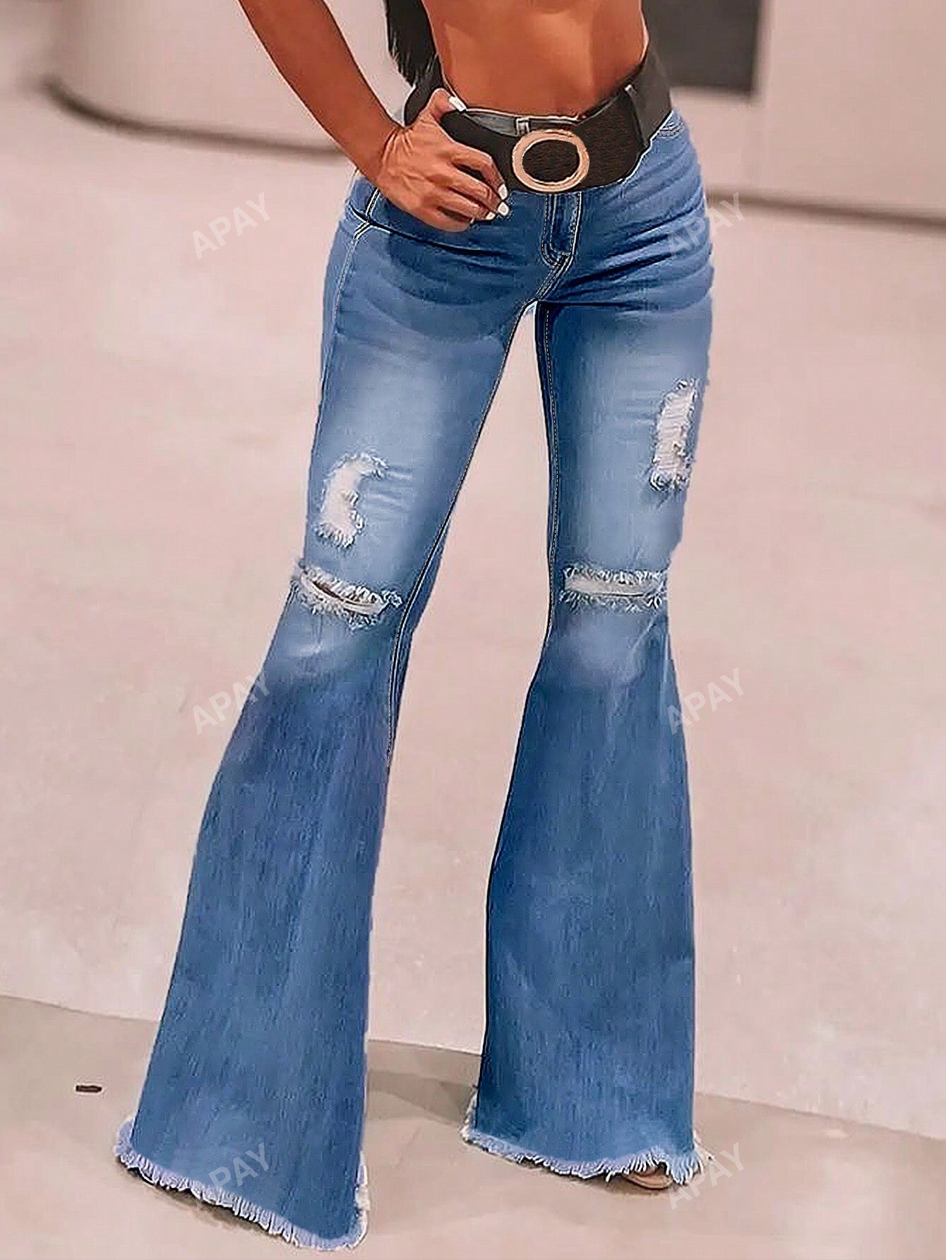 Ripped Raw Hem Flare Leg Jeans Without Belt