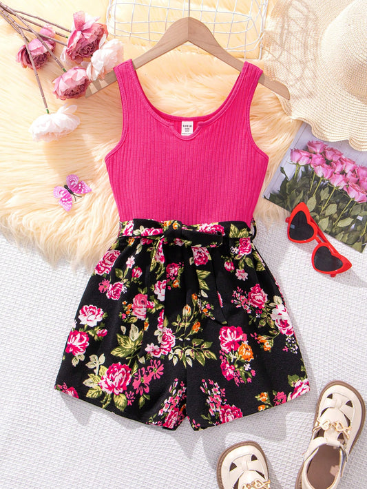 Tween Girl Knitted Monochrome Spaghetti Strap Jumpsuit With Flower Pattern Printing, Summer