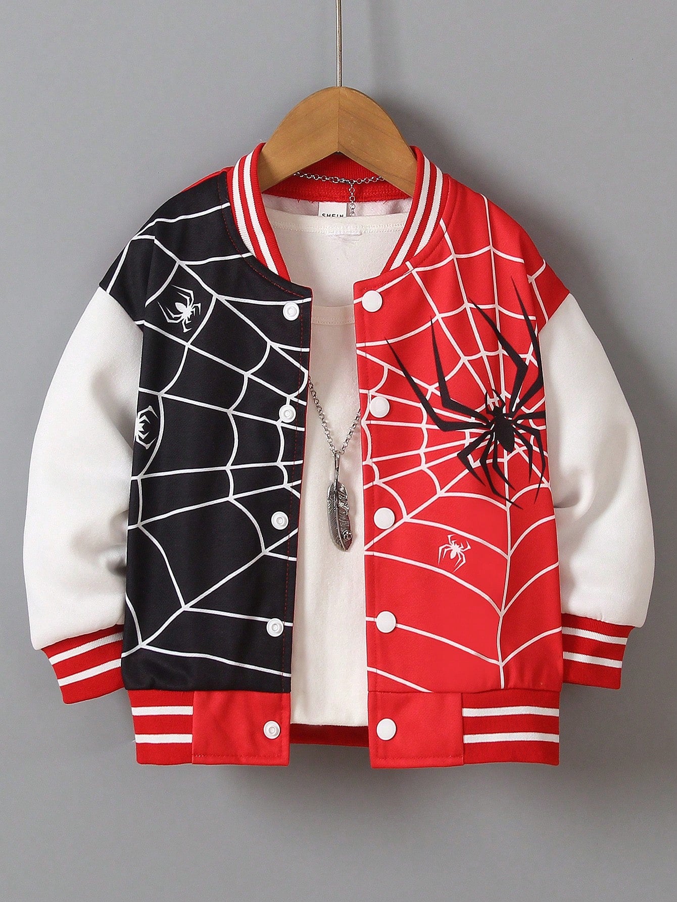 Young Boy Spider Web Print Striped Trim Varsity Jacket Without Tee