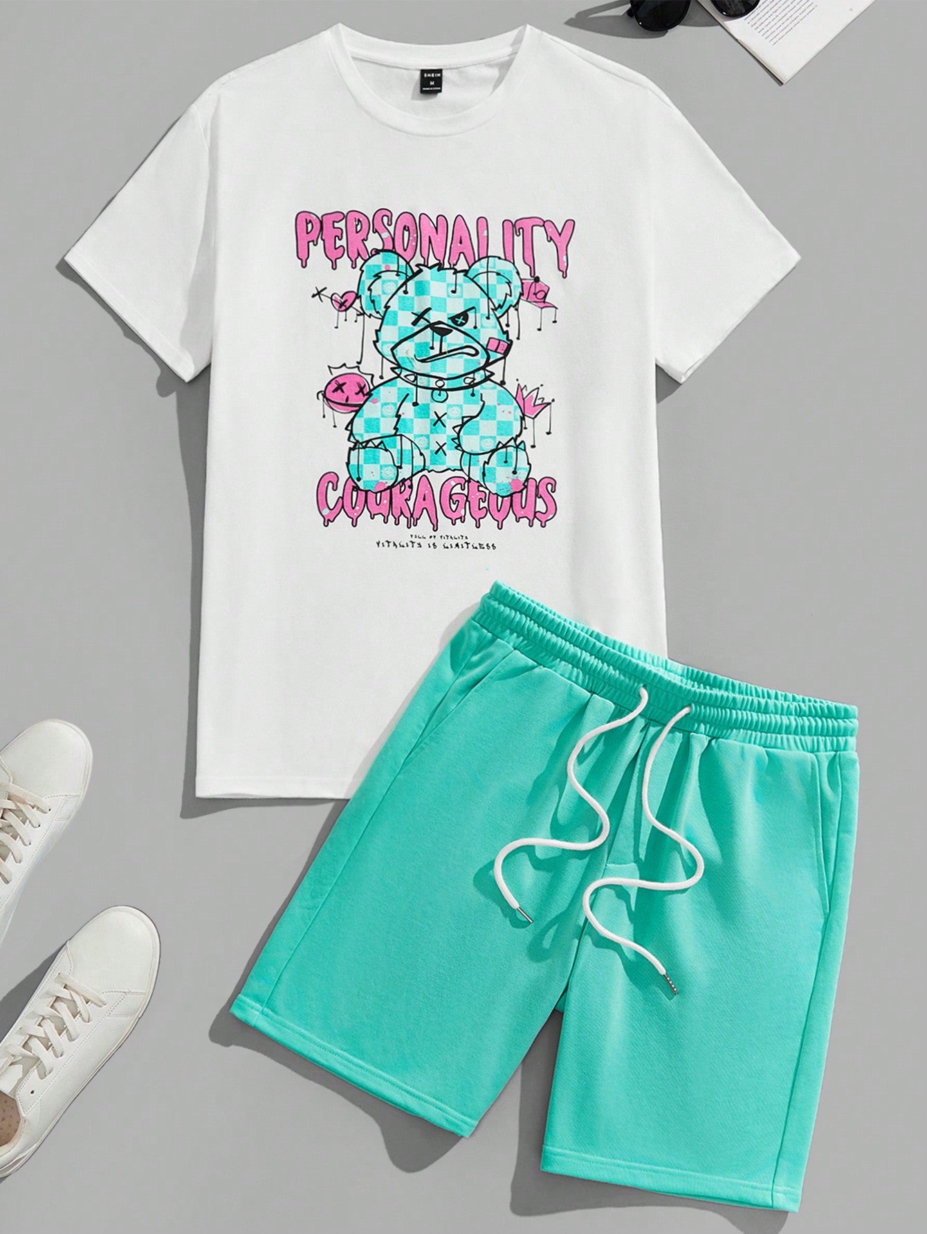 Men'S Cartoon And Letter Print Short Sleeve T-Shirt And Knitted Shorts Casual 2pcs/Set