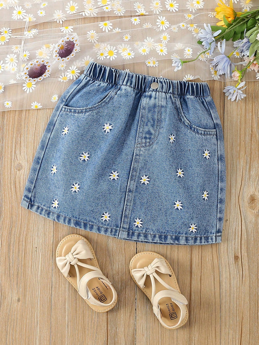 Young Girl Comfortable Denim Skirt With Daisy Embroidery, Casual Style