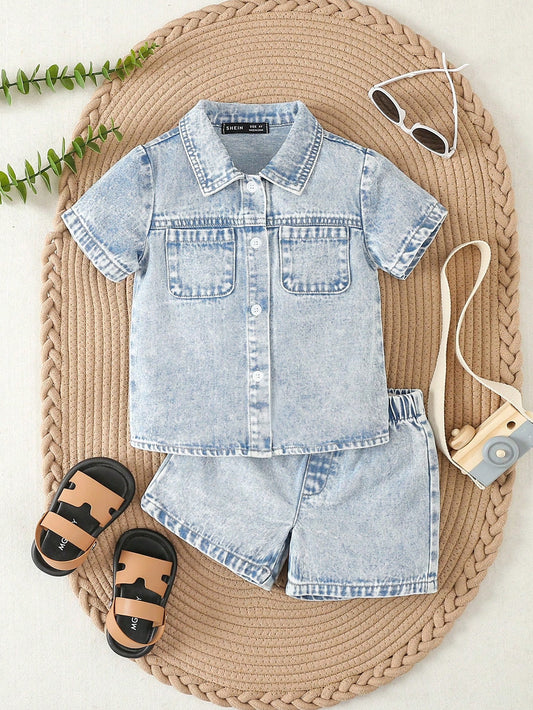 Young Boy Toddler Boys' Casual Comfortable Light Wash Denim Shirt And Shorts Set