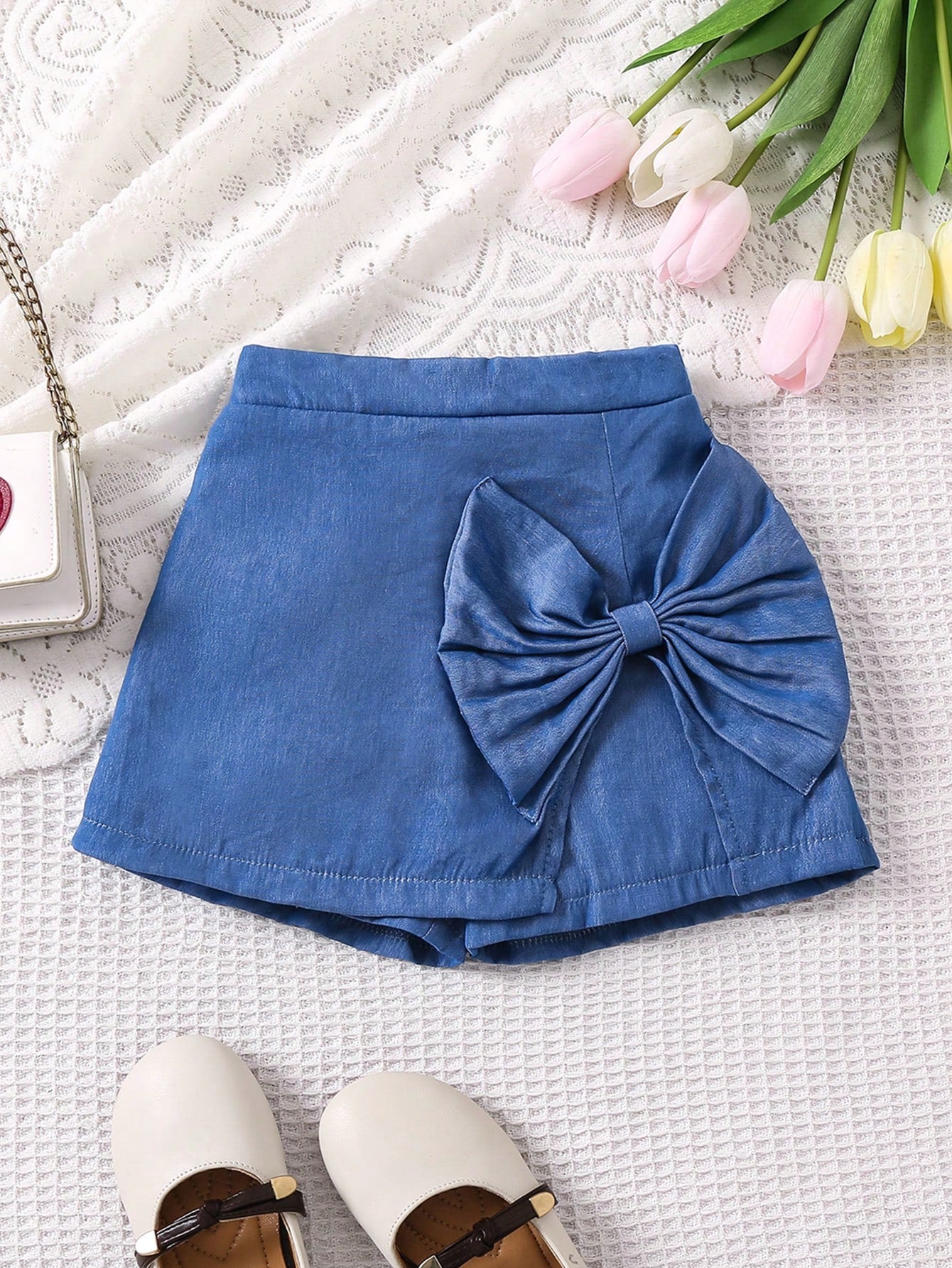 Young Girl Elastic Waist Skirt Shorts With Big Bowknot