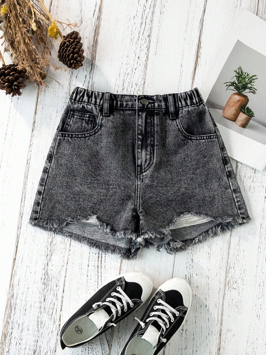 Teen Girls' Casual & Fashionable High-End Gray Denim Shorts With Frayed Hem And Stonewashed Effect