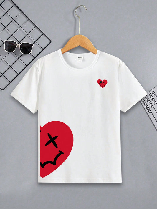 Tween Boy 1pc Basic Round Neck Short-Sleeved T-Shirt With Heart Pattern Printing